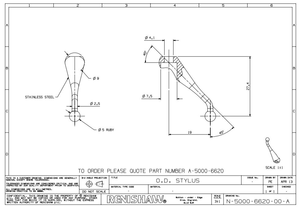 bản vẽ Kim đo cong A-5000-6620 của Renishaw