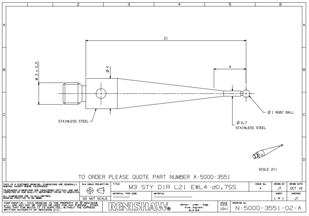 Bản vẽ của bút cảm ứng A-5000-3551 M3 Pi 1 L21 cho máy đo CMM