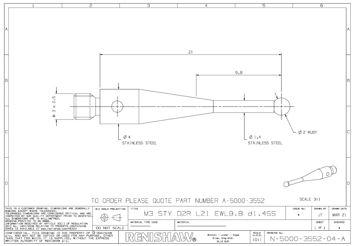 Bản vẽ của bút cảm ứng A-5000-3552 M3 Pi 2 L21 EWL 9.6 cho máy đo 3D CMM
